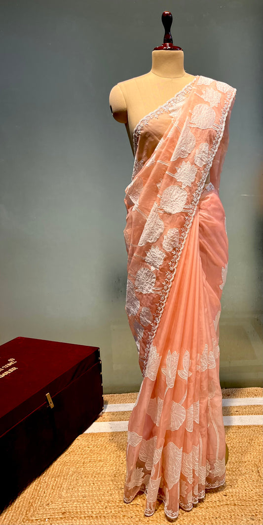 PEACH COLOUR APPLIQUE WORK SAREE EMBELLISHED WITH CUTDANA WORK