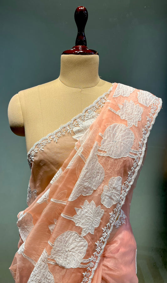 PEACH COLOUR APPLIQUE WORK SAREE EMBELLISHED WITH CUTDANA WORK