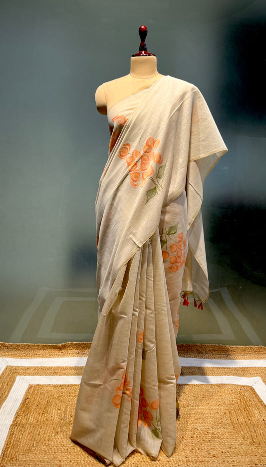 BEIGE COLOUR MUSLIN SILK SAREE WITH CONTRAST BLOUSE