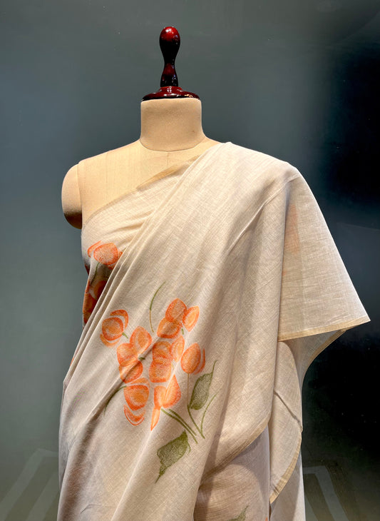 BEIGE COLOUR MUSLIN SILK SAREE WITH CONTRAST BLOUSE