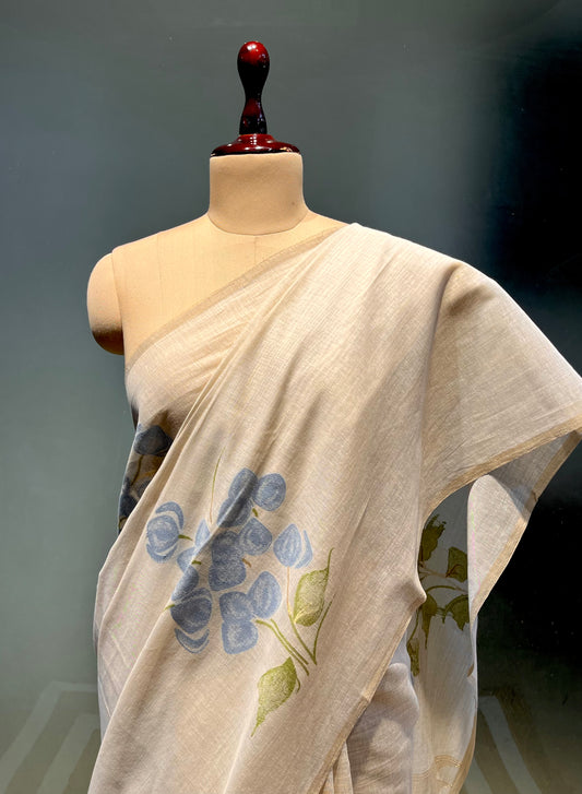 BEIGE COLOUR MUSLIN JAMDANI SAREE WITH CONTRAST BLOUSE