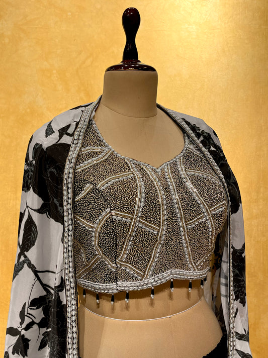 BLACK COLOR INDOWESTERN CREPE SILK PALAZZO PANT WITH EMBROIDERED CROP TOP & SHRUG EMBELLISHED WITH BEADS WORK