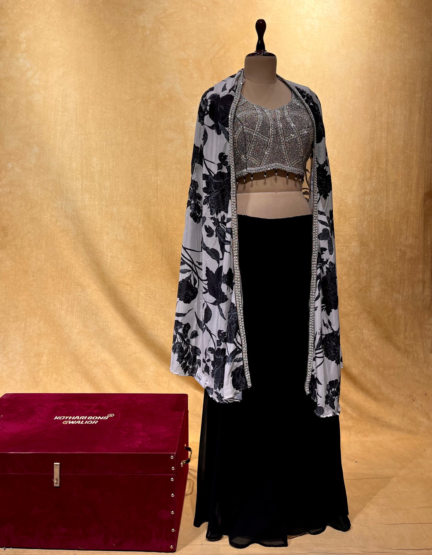 BLACK COLOR INDOWESTERN CREPE SILK PALAZZO PANT WITH EMBROIDERED CROP TOP & SHRUG EMBELLISHED WITH BEADS WORK