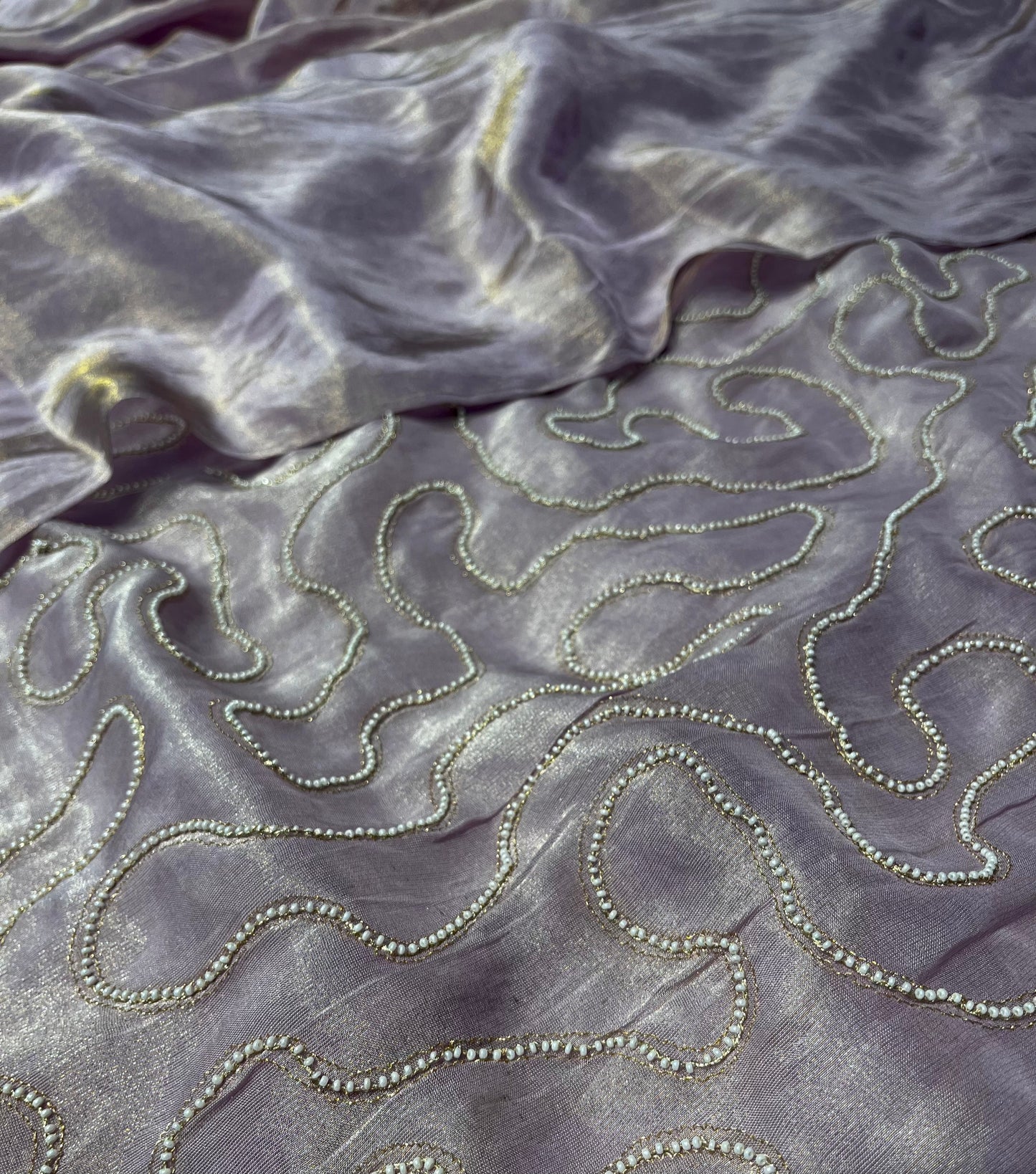 LILAC COLOUR GEORGETTE TISSUE SAREE WITH PEARL WORK UNSTITCHED BLOUSE BY SIDDHAIKA - Kothari Sons
