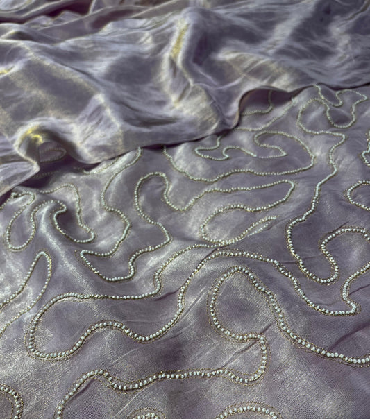 LILAC COLOUR GEORGETTE TISSUE SAREE WITH PEARL WORK UNSTITCHED BLOUSE BY SIDDHAIKA - Kothari Sons