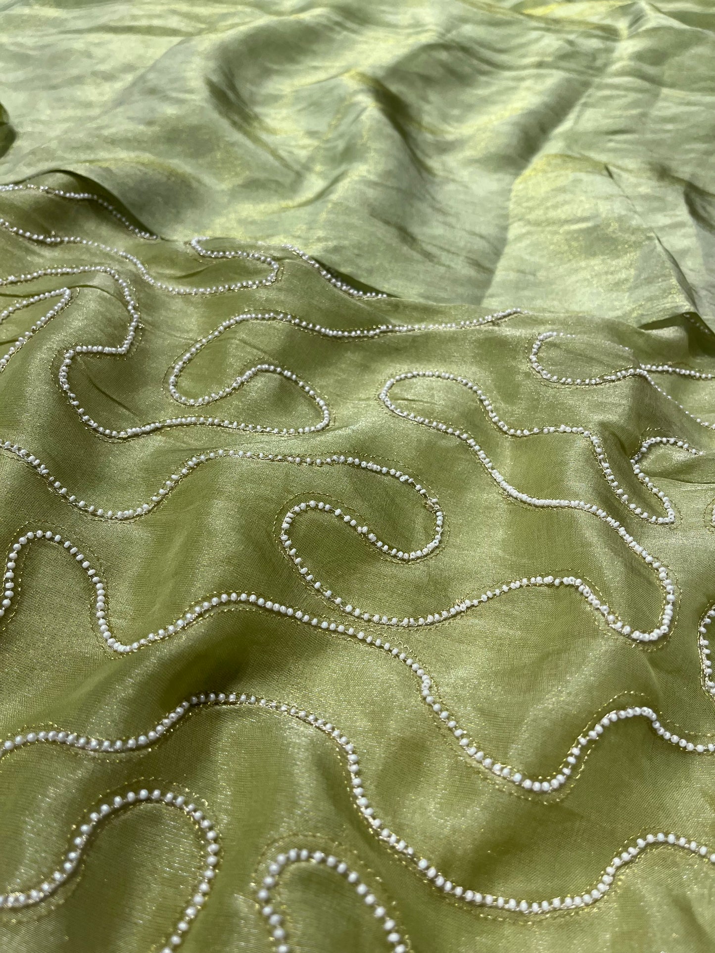 PISTA GREEN COLOUR TISSUE GEORGETTE SAREE WITH PEARL EMBROIDERED UNSTITCHED BLOUSE BY SIDDHAIKA - Kothari Sons