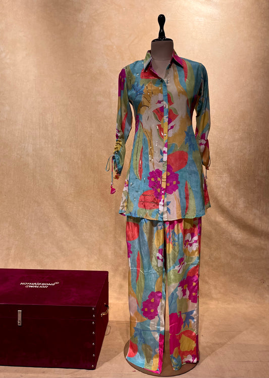 MULTI COLOUR CHINON CO-ORDS SET EMBROIDERED WITH SEQUINS & CUTDANA WORK