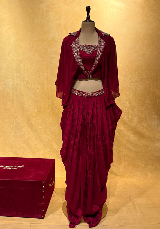 MAROON COLOUR DHOTI STYLE PANT WITH CROP TOP BLOUSE EMBELLISHED WITH ZARDOZI WORK