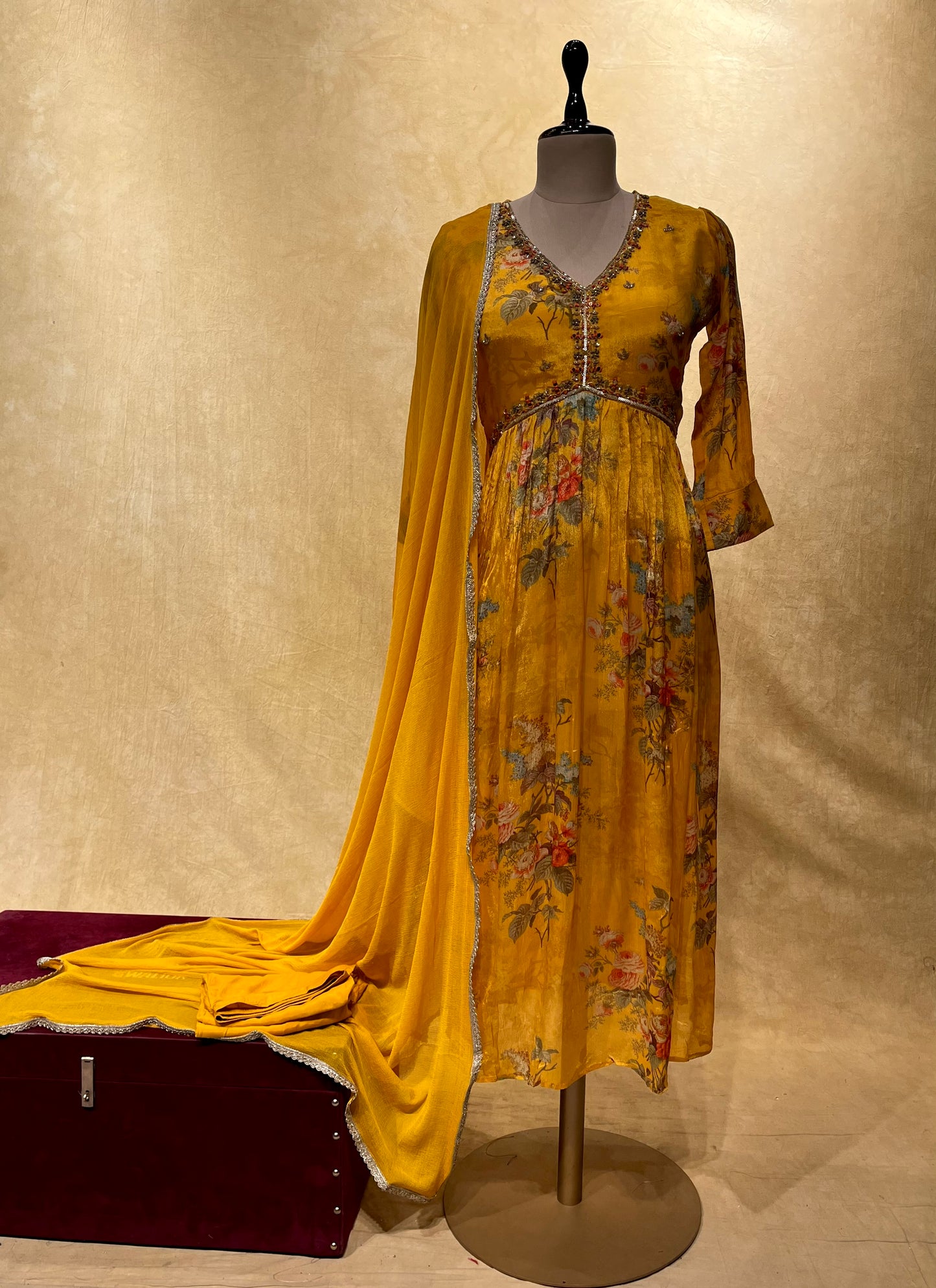 MUSTARD COLOR CHINON PRINTED NAIRA CUT SUIT FOR LADIES EMBELLISHED WITH CUTDANA WORK