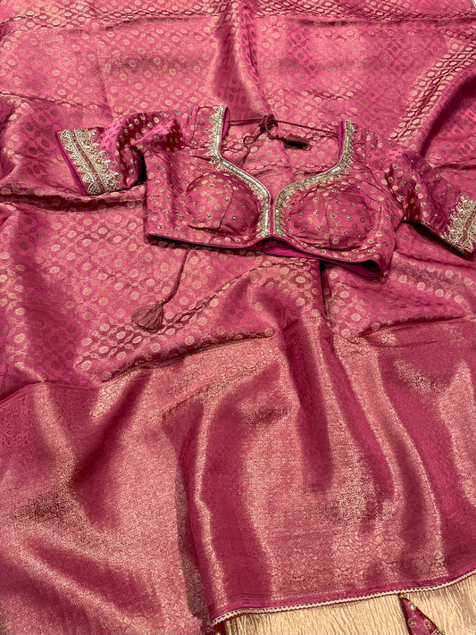 ONION PINK COLOUR CREPE BANARASI SILK SAREE WITH READYMADE BLOUSE EMBELLISHED WITH SEQUINS & CUTDANA WORK