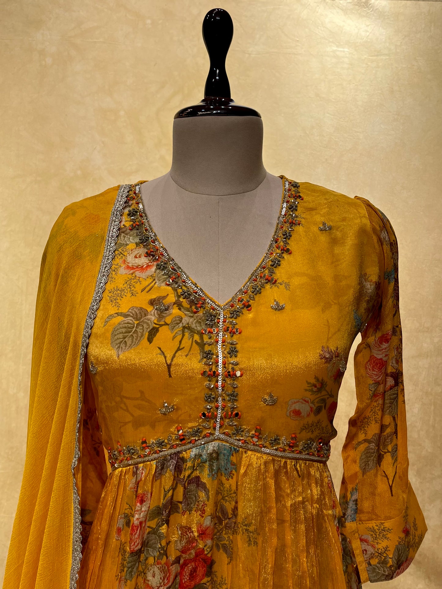 MUSTARD COLOR CHINON PRINTED NAIRA CUT SUIT FOR LADIES EMBELLISHED WITH CUTDANA WORK