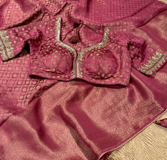 ONION PINK COLOUR CREPE BANARASI SILK SAREE WITH READYMADE BLOUSE EMBELLISHED WITH SEQUINS & CUTDANA WORK