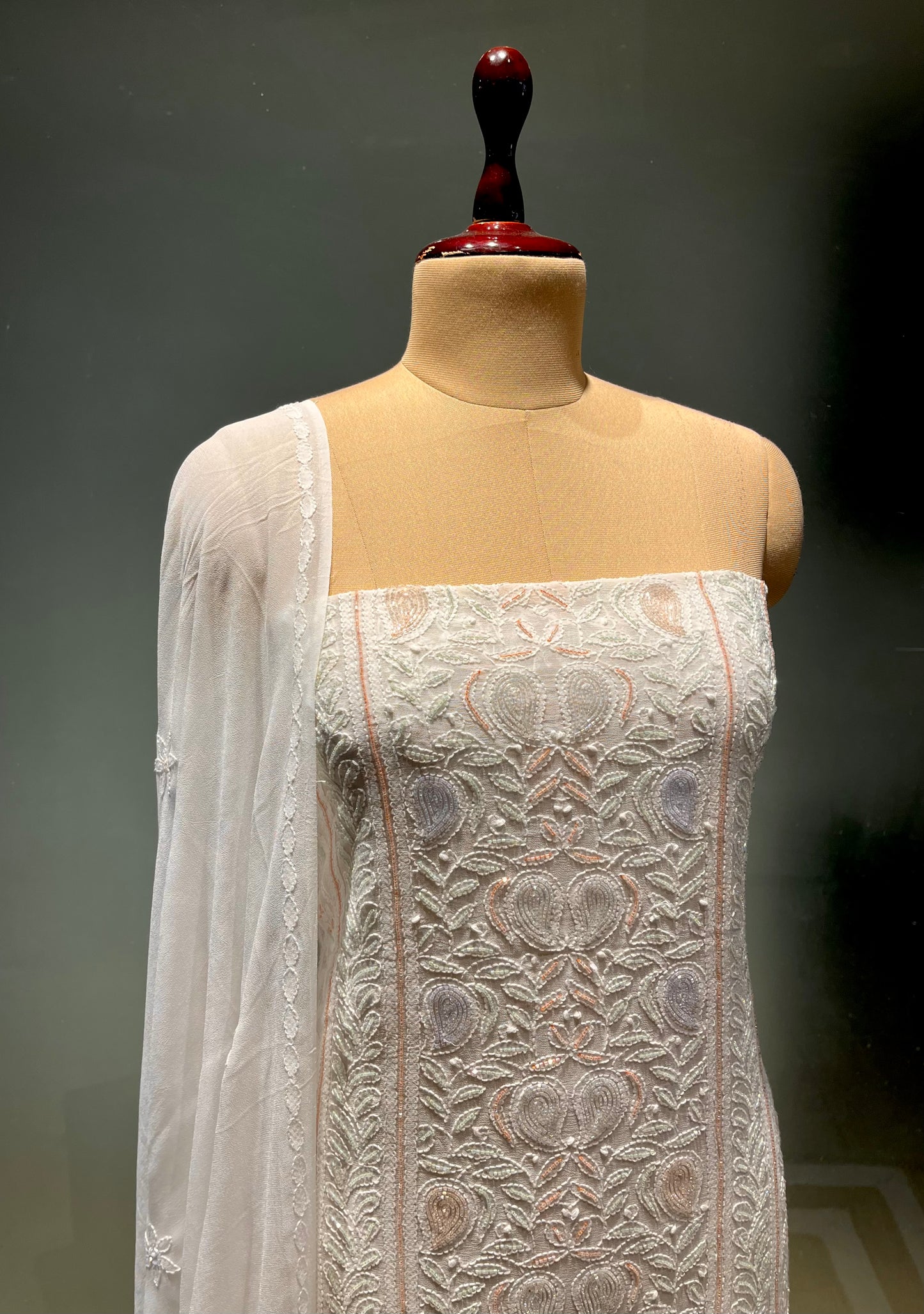 DYEABLE WHITE COLOUR GEORGETTE CHIKANKARI UNSTITCHED SUIT WITHOUT BOTTOM