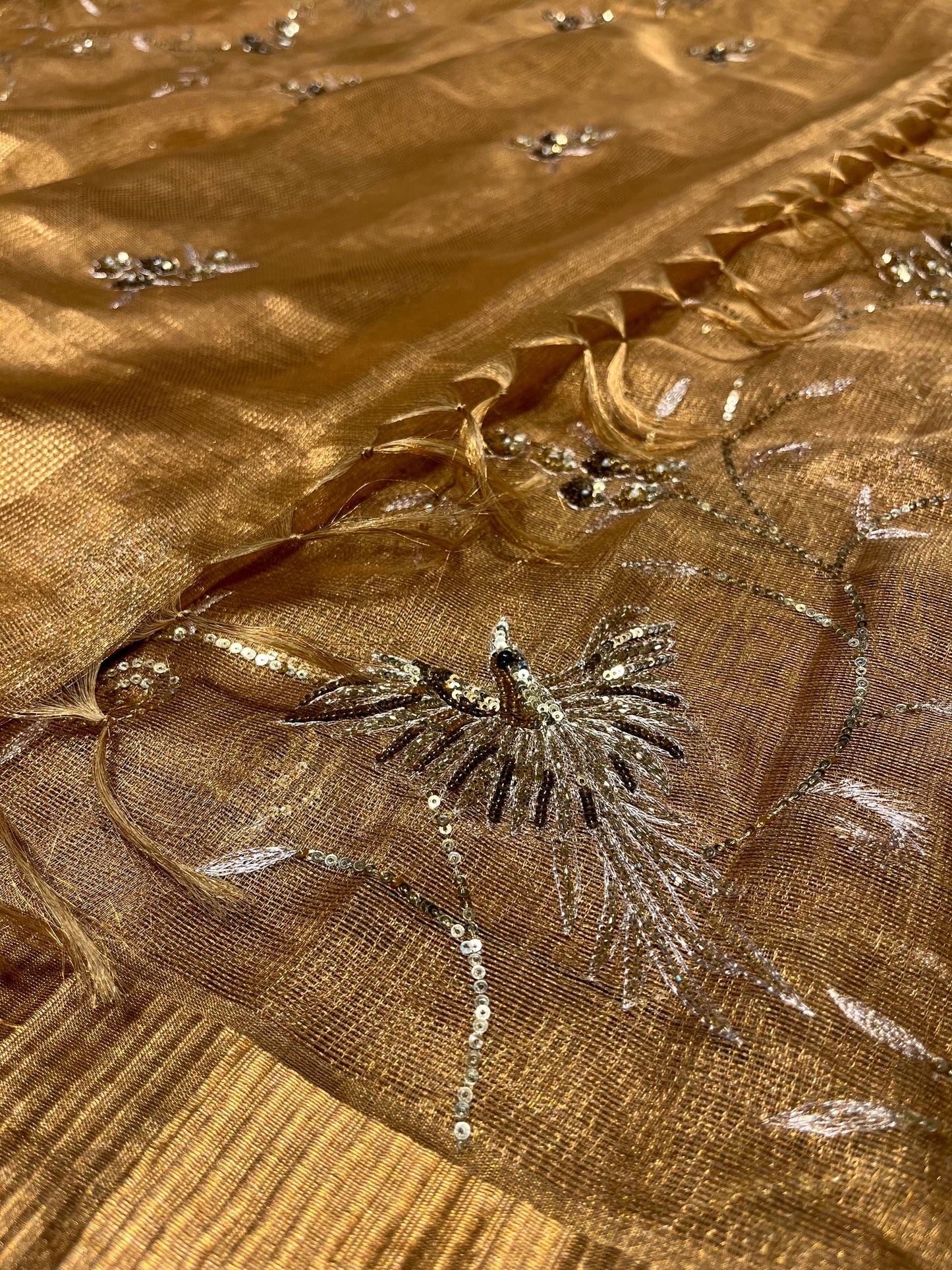 GOLDEN COLOUR MACLINO HAND EMBROIDERED SAREE EMBELLISHED WITH AARI, CUTDANA & SEQUINS WORK ( DELIVERY IN 20-25 DAYS )