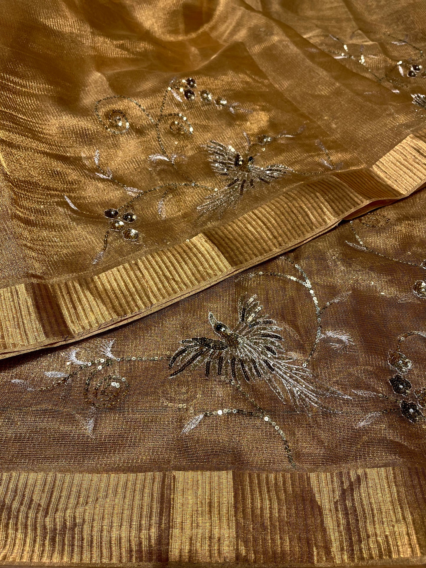 GOLDEN COLOUR MACLINO HAND EMBROIDERED SAREE EMBELLISHED WITH AARI, CUTDANA & SEQUINS WORK ( DELIVERY IN 20-25 DAYS )
