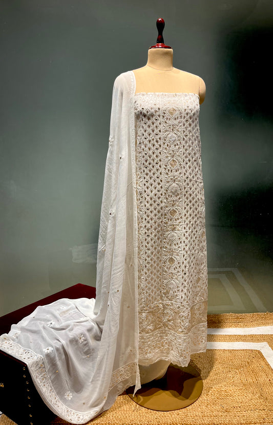 DYEABLE WHITE COLOUR GEORGETTE CHIKANKARI UNSTITCHED SUIT WITHOUT BOTTOM EMBELLISHED WITH GOTA PATTI & PEARL WORK