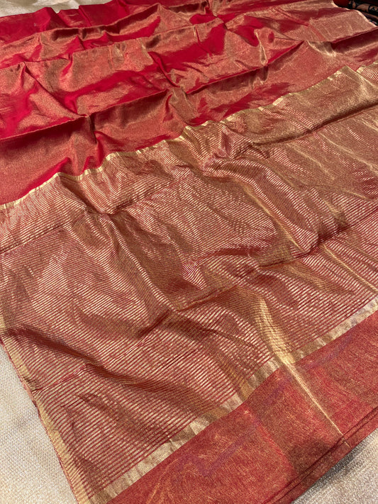 RED COLOUR PURE CHANDERI SAREE EMBELLISHED WITH ZARI WEAVES