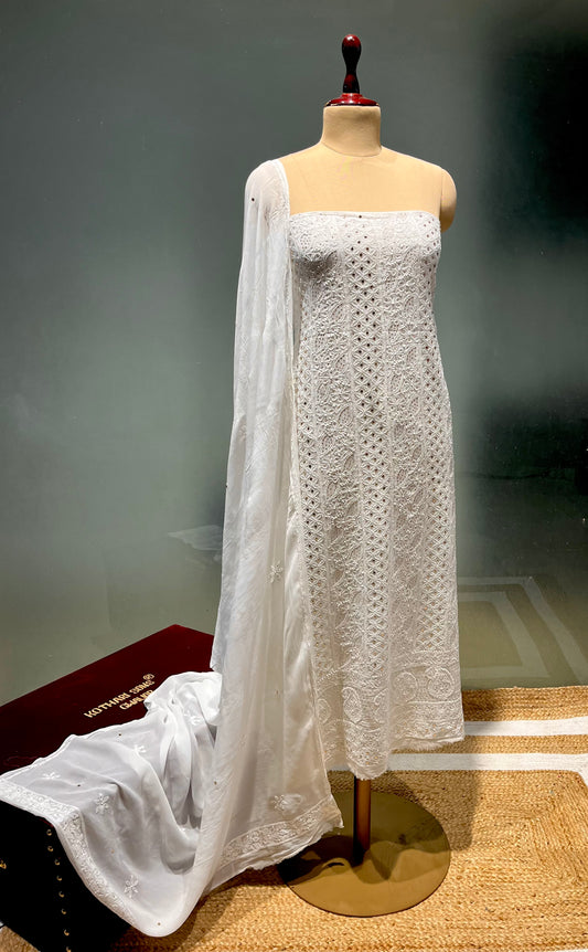 DYEABLE WHITE COLOUR GEORGETTE CHIKANKARI UNSTITCHED SUIT WITHOUT BOTTOM