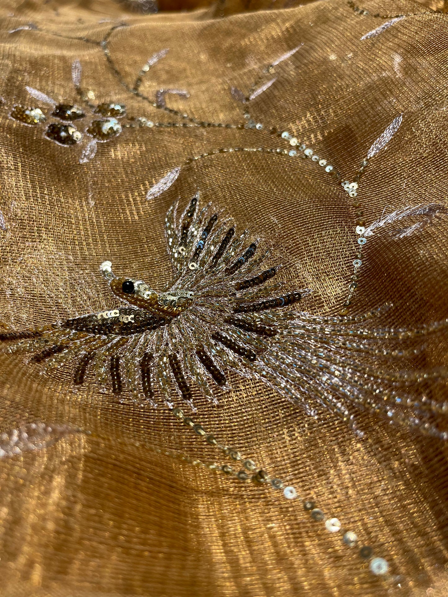 GOLDEN COLOUR MACLINO HAND EMBROIDERED SAREE EMBELLISHED WITH AARI, CUTDANA & SEQUINS WORK ( DELIVERY IN 20-25 DAYS )