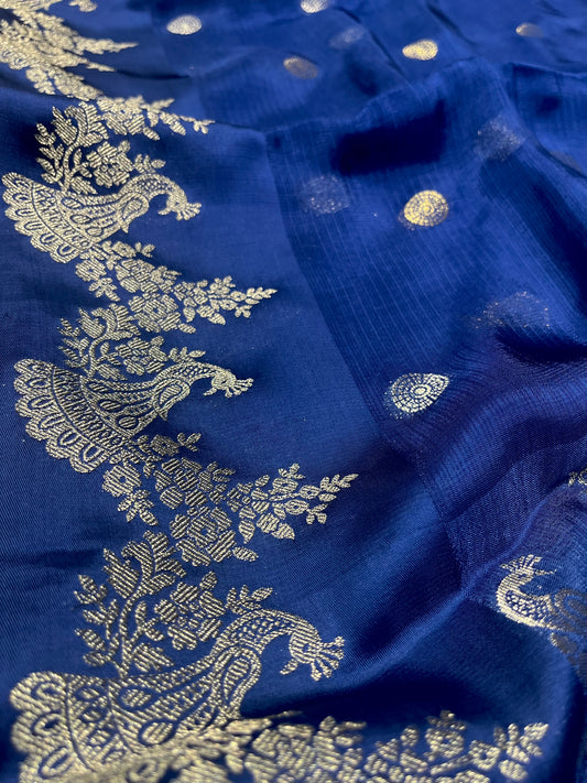 BLUE COLOUR KOTA DORIA SAREE WITH ZARI BORDER & BUTTI - Kothari Sons