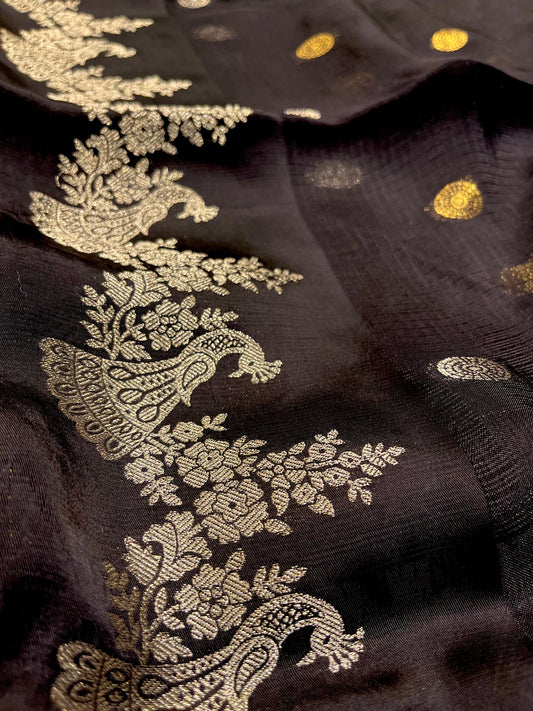 BLACK COLOUR KOTA DORIA SAREE WITH ZARI BORDER & BUTTI - Kothari Sons
