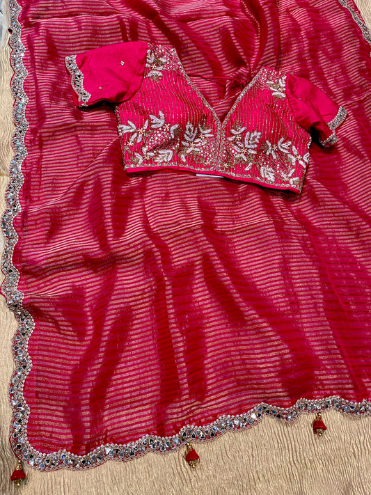 PINK COLOUR ORGANZA TISSUE READYMADE BLOUSE SAREE EMBELLISHED WITH MIRROR WORK