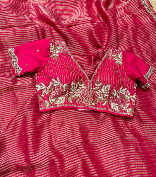 PINK COLOUR ORGANZA TISSUE READYMADE BLOUSE SAREE EMBELLISHED WITH MIRROR WORK