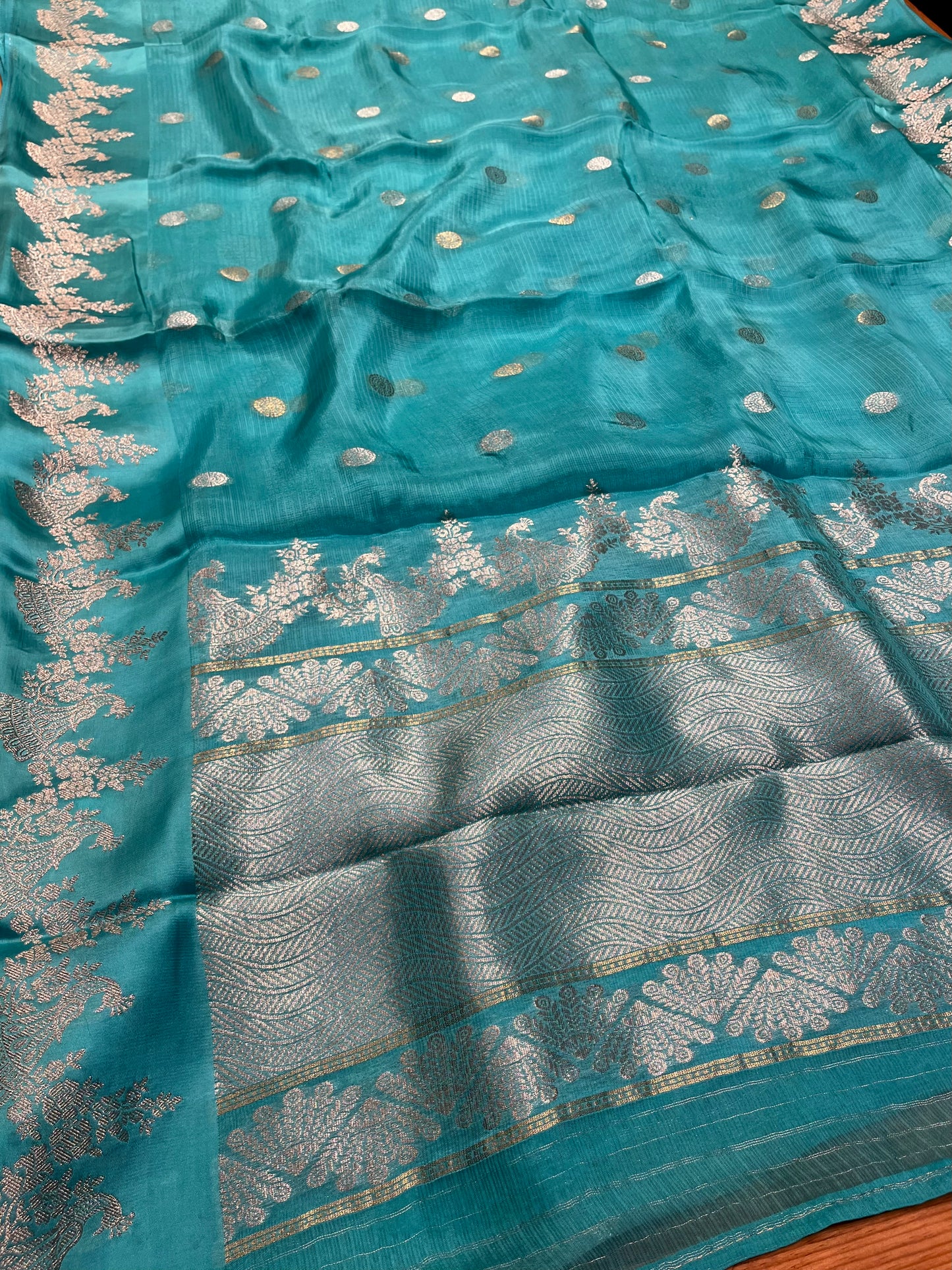 CYAN BLUE COLOUR KOTA DORIA SAREE WITH ZARI BORDER & BUTTI - Kothari Sons