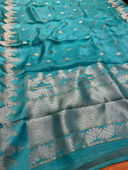 CYAN BLUE COLOUR KOTA DORIA SAREE WITH ZARI BORDER & BUTTI - Kothari Sons