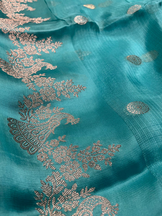 CYAN BLUE COLOUR KOTA DORIA SAREE WITH ZARI BORDER & BUTTI - Kothari Sons