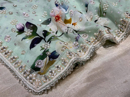 PASTEL GREEN COLOUR CHINON FLORAL PRINTED EMBROIDERED SAREE EMBELLISHED WITH PEARL & CUTDANA WORK
