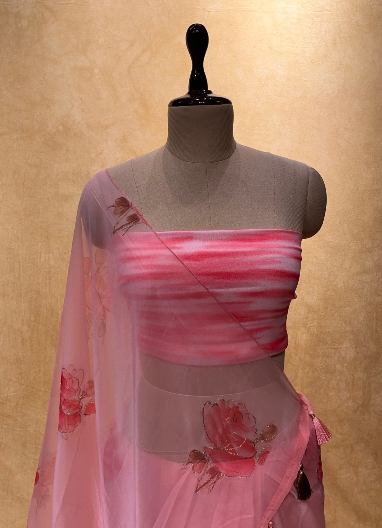 PINK COLOUR ORGANZA PRINTED SAREE EMBELLISHED WITH AARI WORK