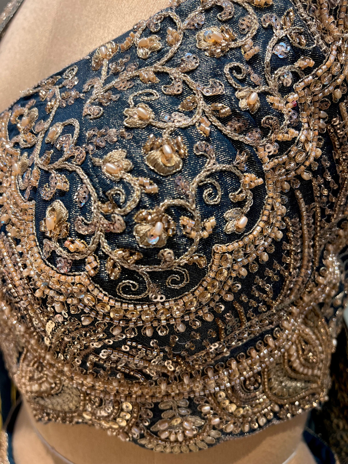 STEEL BLUE COLOUR GEORGETTE TISSUE BANARASI LEHENGA WITH EMBROIDERED CROP TOP EMBELLISHED WITH CUTDANA & SEQUINS WORK