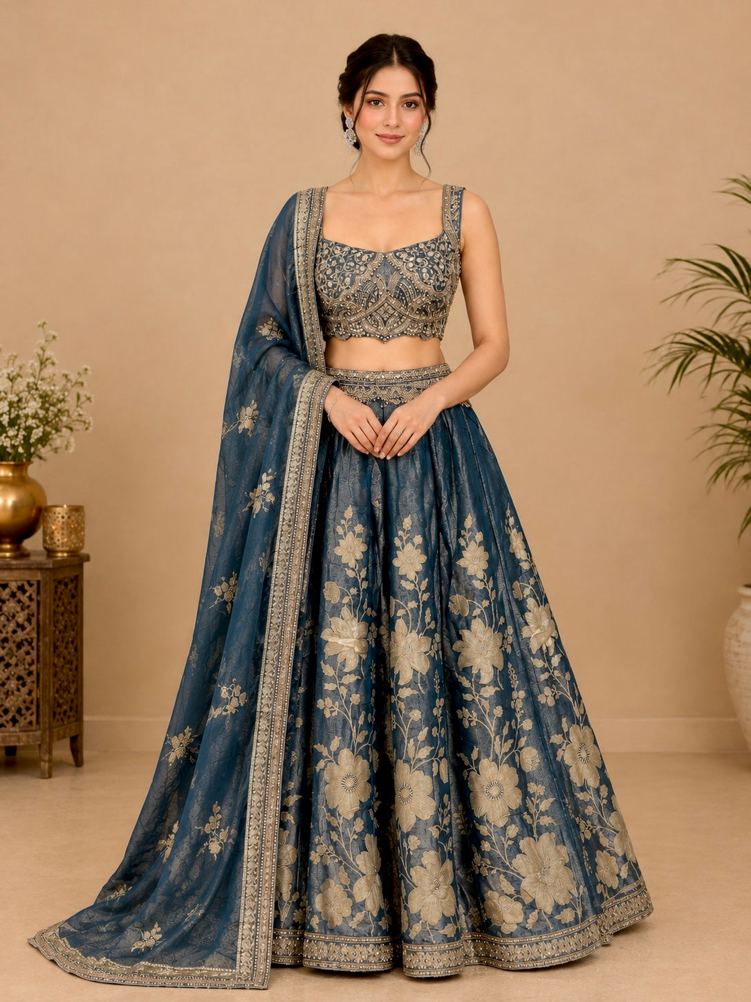 STEEL BLUE COLOUR GEORGETTE TISSUE BANARASI LEHENGA WITH EMBROIDERED CROP TOP EMBELLISHED WITH CUTDANA & SEQUINS WORK