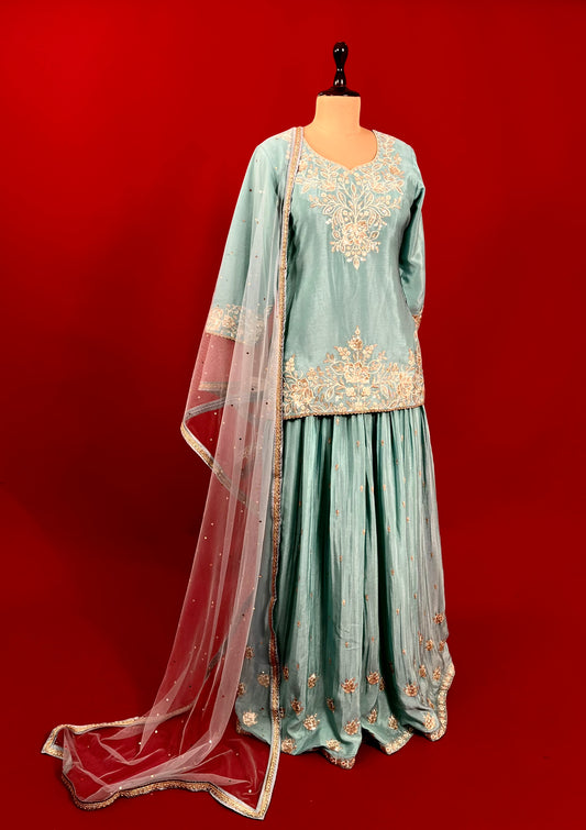 AQUA COLOUR CHINON SHARARA SUIT WITH NET DUPATTA EMBELLISHED WITH RESHAM & SEQUINS