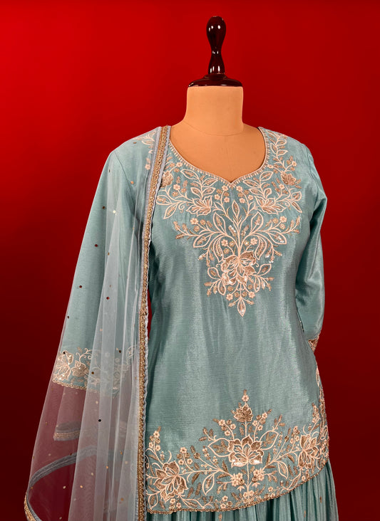AQUA COLOUR CHINON SHARARA SUIT WITH NET DUPATTA EMBELLISHED WITH RESHAM & SEQUINS