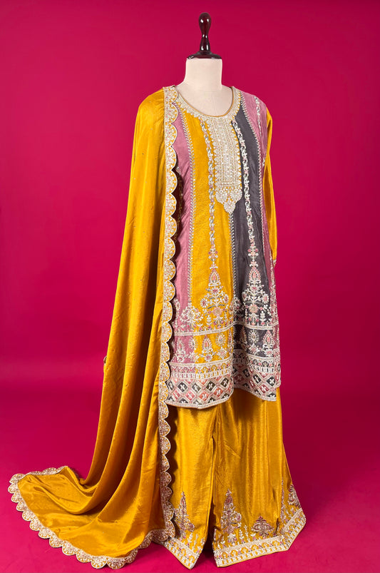 MUSTARD COLOUR READYMADE KURTA WITH PALAZZO PANT EMBELLISHED WITH ZARI & SEQUINS WORK