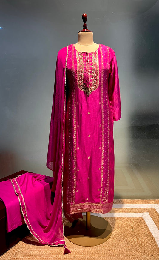 MAGENTA COLOUR DOLA SILK READYMADE SUIT EMBELLISHED WITH ZARDOZI WORK