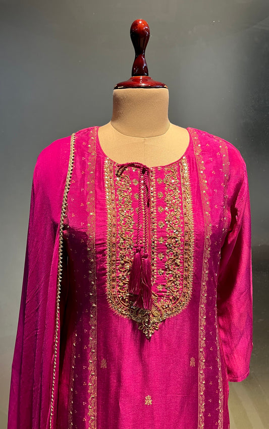 MAGENTA COLOUR DOLA SILK READYMADE SUIT EMBELLISHED WITH ZARDOZI WORK