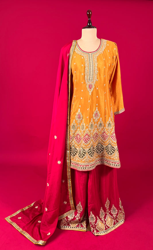 MUSTARD COLOUR CHINON KURTA WITH CONTRAST PALAZZO PANT EMBELLISHED WITH ZARI & SEQUINS WORK