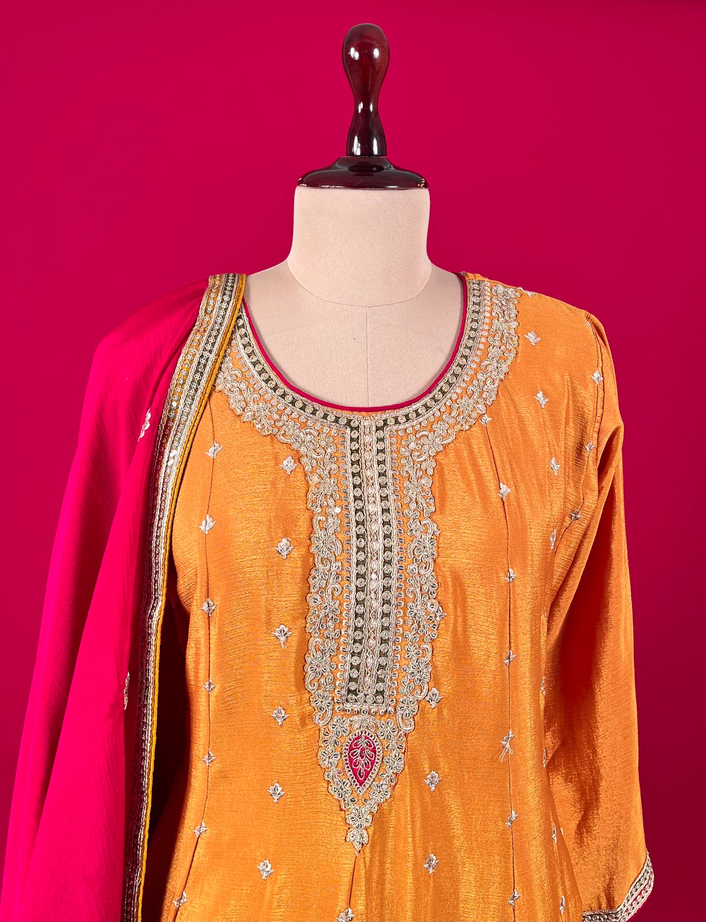 MUSTARD COLOUR CHINON KURTA WITH CONTRAST PALAZZO PANT EMBELLISHED WITH ZARI & SEQUINS WORK
