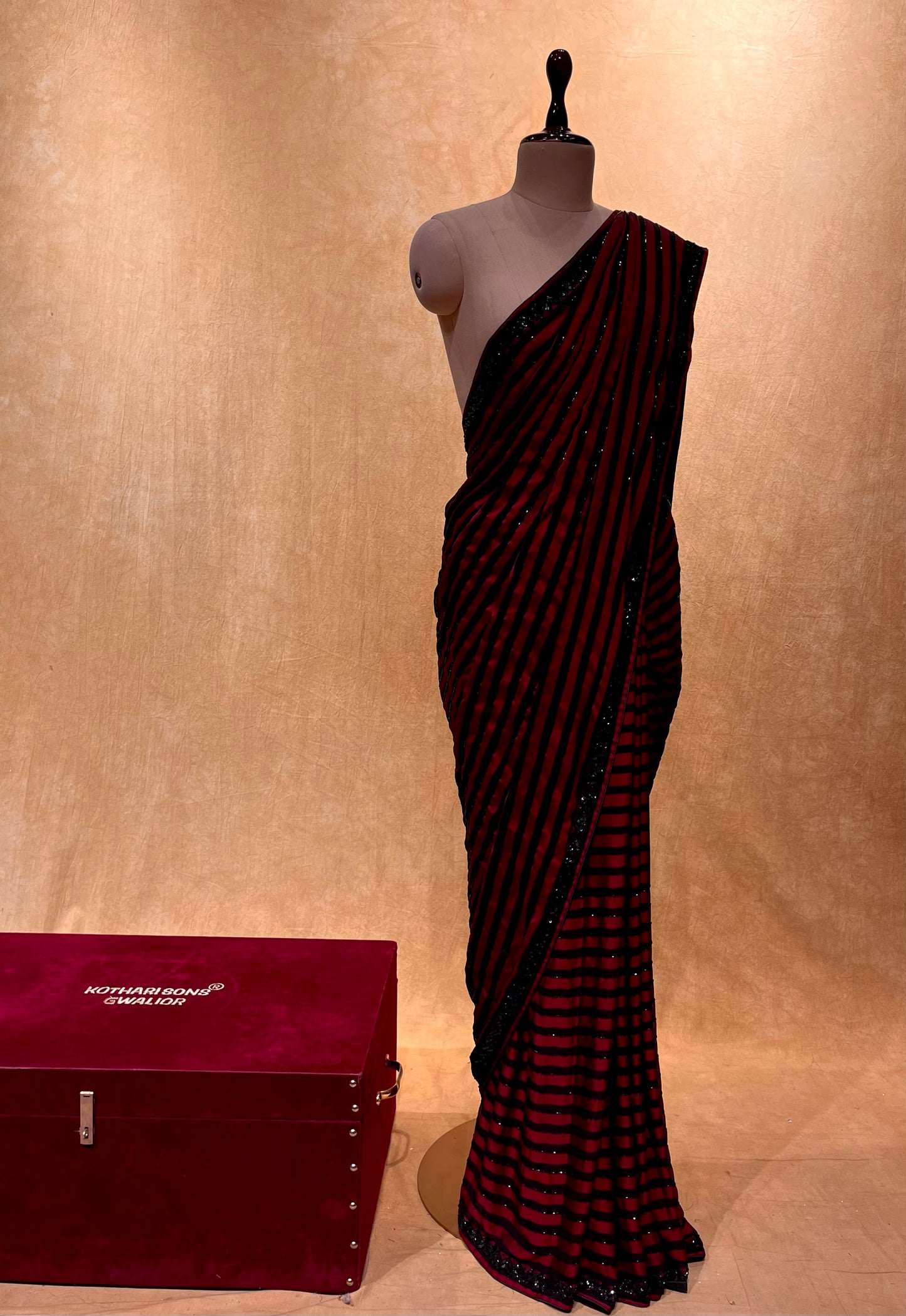 BLACK & MAROON COLOUR GEORGETTE SATIN STRIPED EMBROIDERED SAREE EMBELLISHED WITH CUTDANA WORK