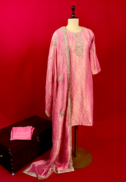 PINK COLOUR BROCADE TISSUE READYMADE SUIT EMBELLISHED WITH ZARDOZI WORK