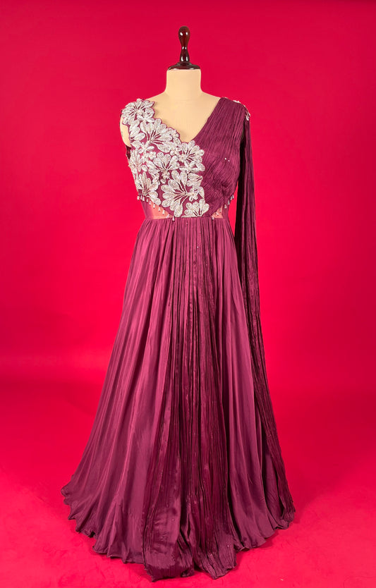 WINE COLOUR CREPE SILK GOWN EMBELLISHED WITH CUTDANA & SEQUINS WORK