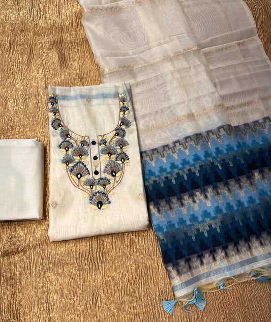 BEIGE & BLUE COLOUR CHANDERI JAMDAMI UNSTITCHED SUIT