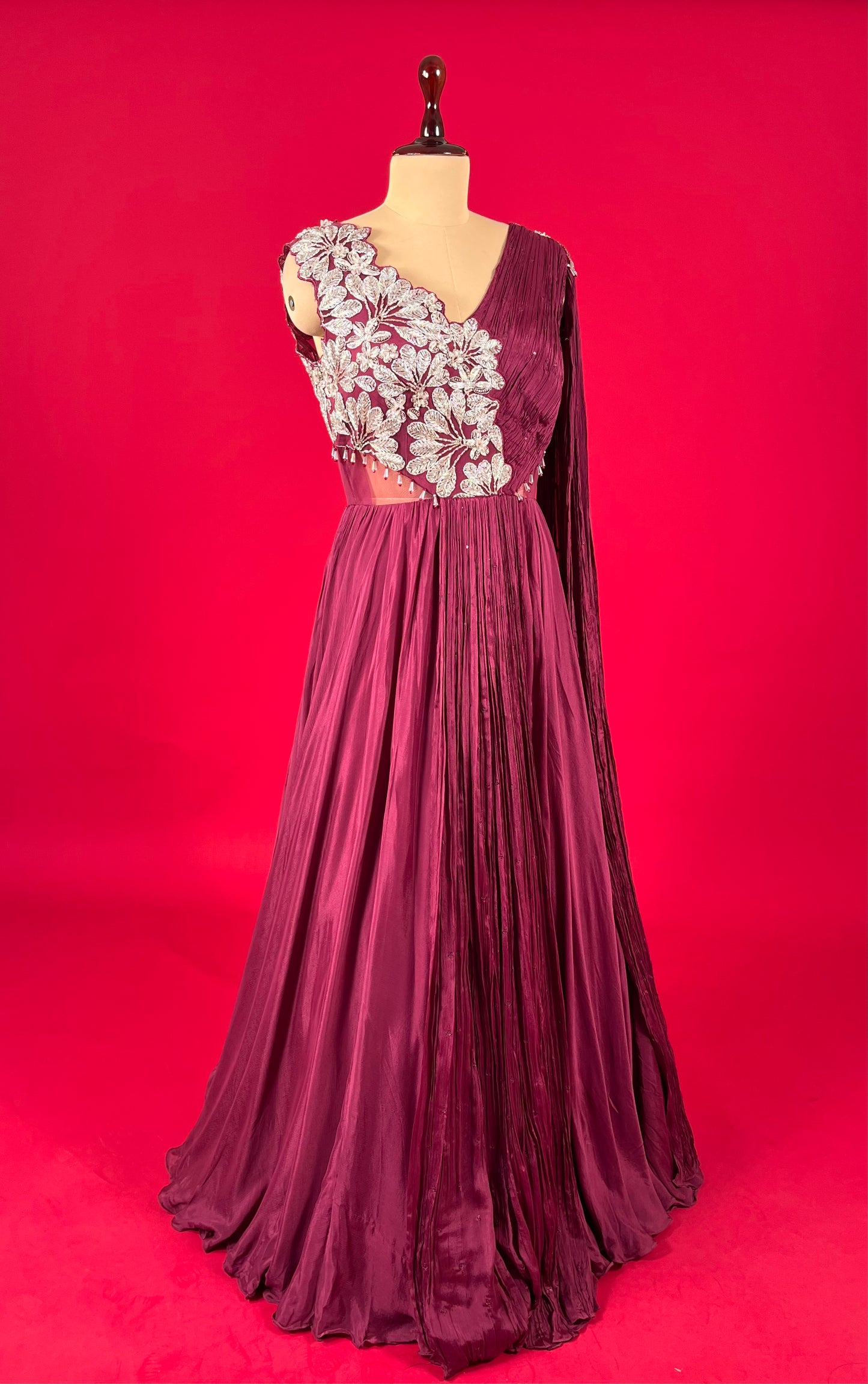 WINE COLOUR CREPE SILK GOWN EMBELLISHED WITH CUTDANA & SEQUINS WORK