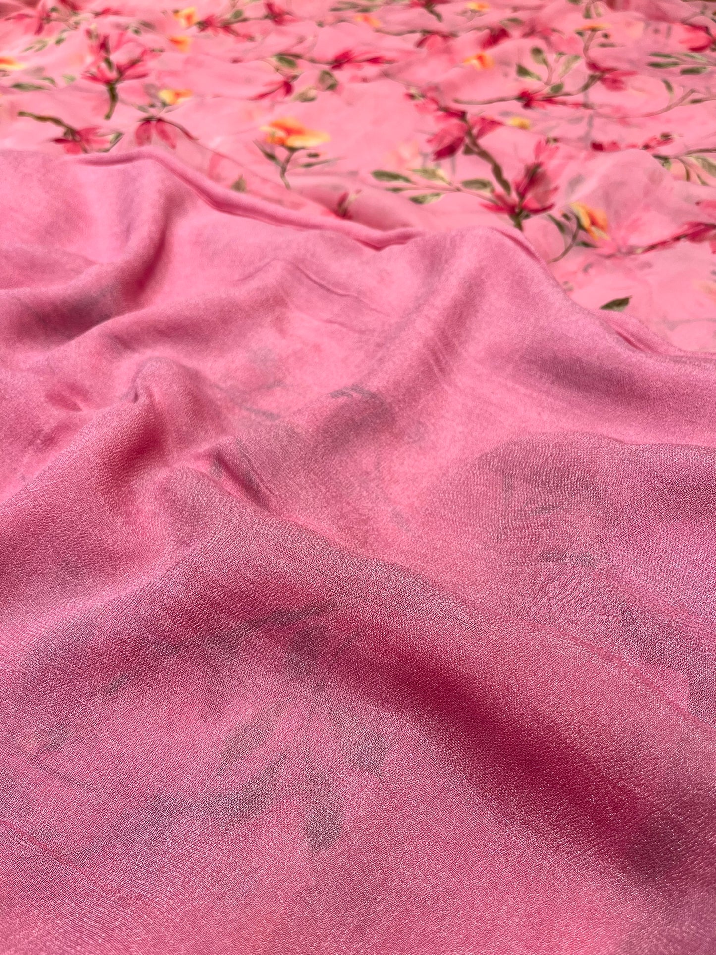 PINK COLOUR FLORAL PRINTED CHIFFON SAREE WITH CHINON BLOUSE - Kothari Sons