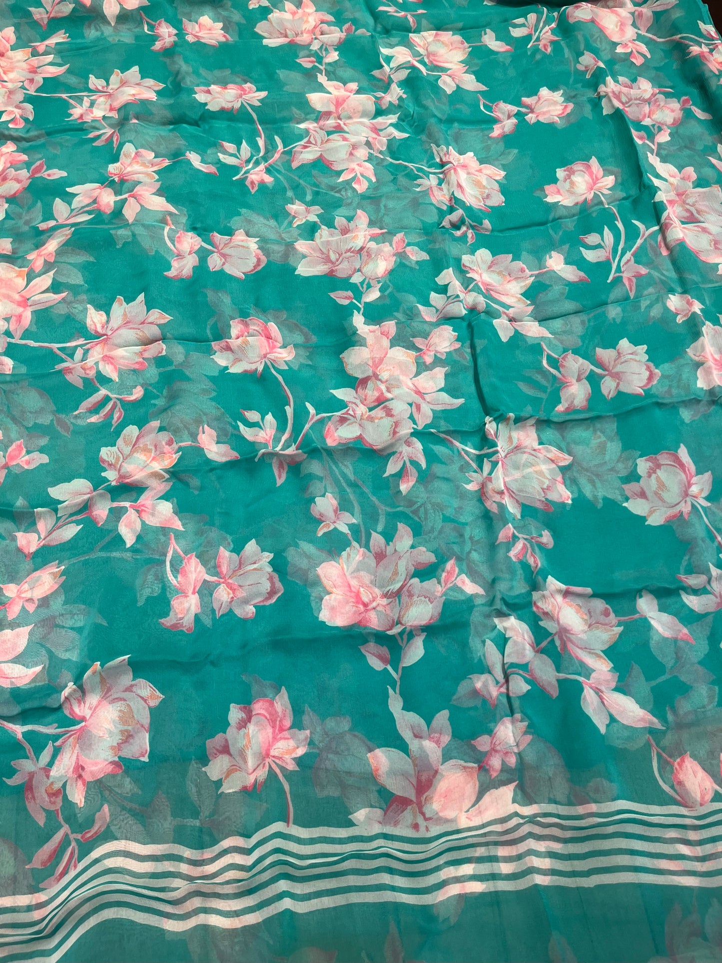 TURQUOISE COLOUR FLORAL PRINTED CHIFFON SAREE WITH CHINON BLOUSE - Kothari Sons