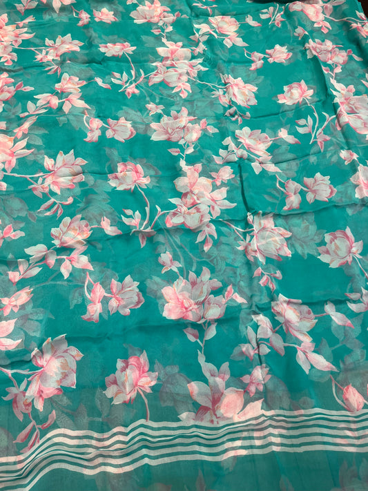 TURQUOISE COLOUR FLORAL PRINTED CHIFFON SAREE WITH CHINON BLOUSE - Kothari Sons