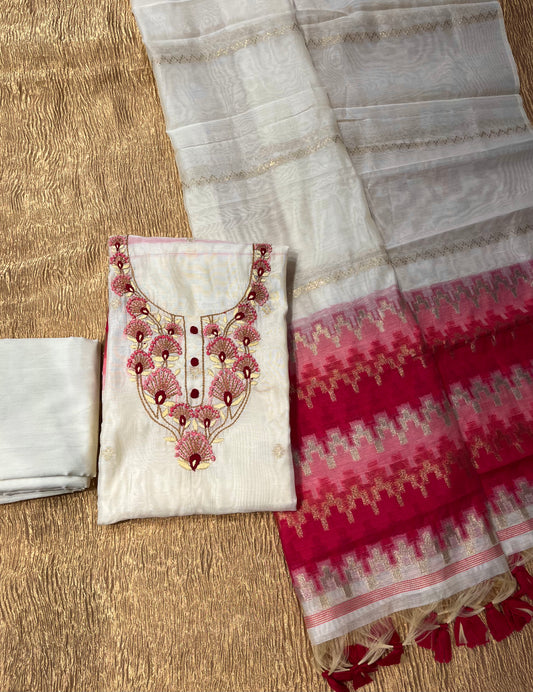 BEIGE & PINK COLOUR CHANDERI JAMDAMI UNSTITCHED SUIT